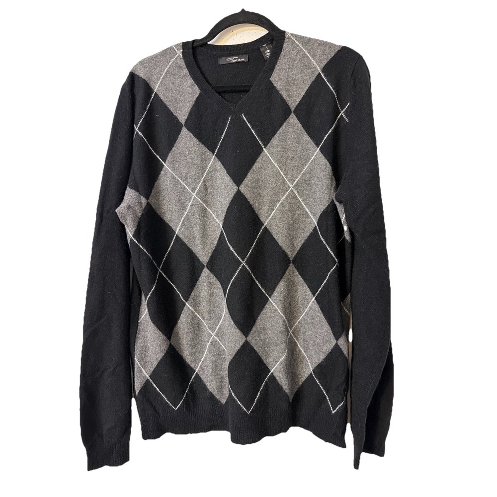 Men's Two AM Black Gray  Argyle 100% Cashmere‎ V-Neck Sweater Size M